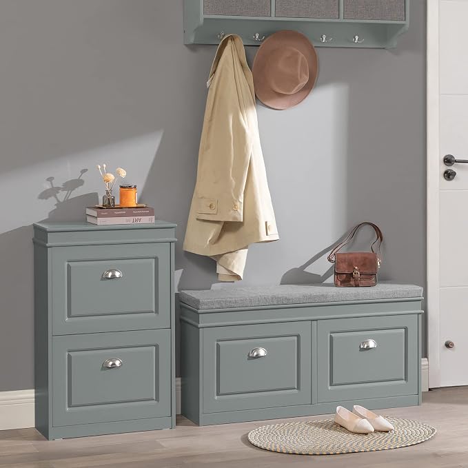 Haotian Small Shoe Cabinet, Grey 2 Flip Drawers Freestanding Shoe Rack, Shoe Storage Cupboard Organizer (9.45" D x 20.87" W x 32.28" H), FSR78-HG
