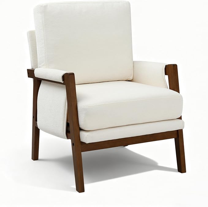RNKSFX Cream Accent Chair for Bedroom & Living Room, Mid Century Modern Accent Arm Chair, Upholstered Anthropologie Accent Chair with Solid Wood Frame, Fabric