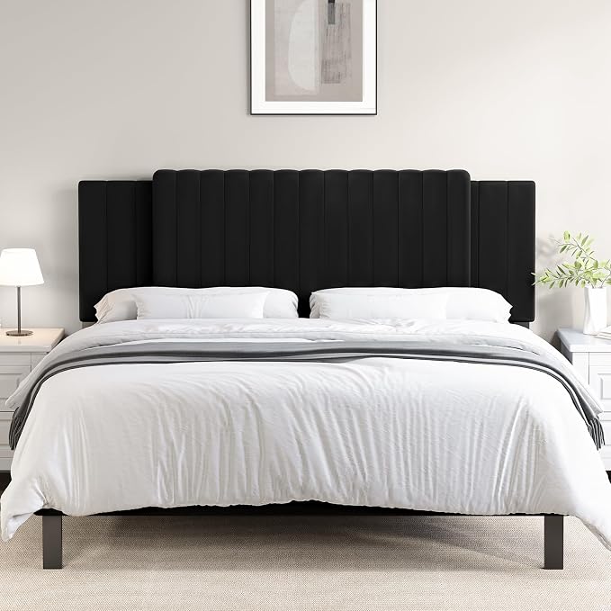 Upholstered Tufted Velvet Headboard, 3 in 1 Headboard for Full/Queen/King Size Bed, Height & Width Adjustable Head Board, Attach Frame, Study & Comfortable, Ideal for Bedroom, Dorm, Guest Room, Black
