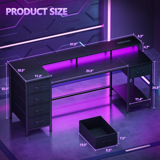 Korfile 61 Inch Computer Gaming Desk with Power Outlets & LED Lights Reversible Home Office Desk with Adjustable 5 Fabric Storage Drawers for Working Writing Study, Black