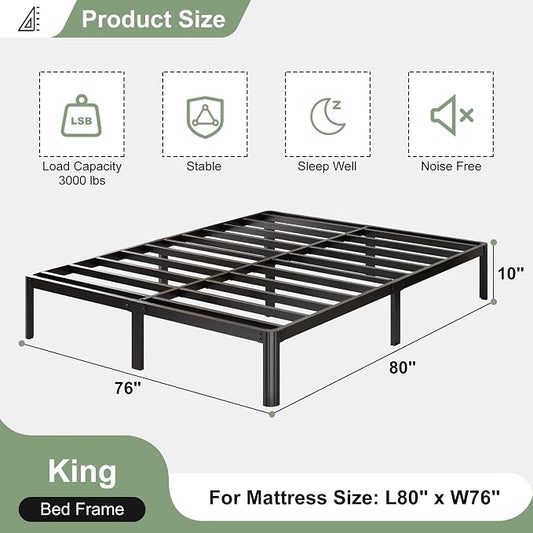 Lutown-Teen 10 Inch King Bed Frame with Rounded Corner Legs, 2000 LBS Heavy Duty Metal King Size Platform Bed Frame No Box Spring Needed, Noise Free, Easy Assembly, Black