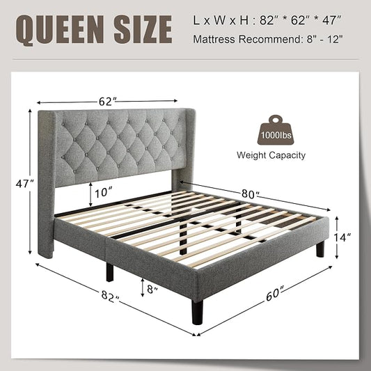 Einhomn Queen Size Platform Bed Frame with Fabric Upholstered Wingback Headboard, 9" Under Bed Space, Wooden & Metal Slats Support, No Box Spring Needed, Light Gray