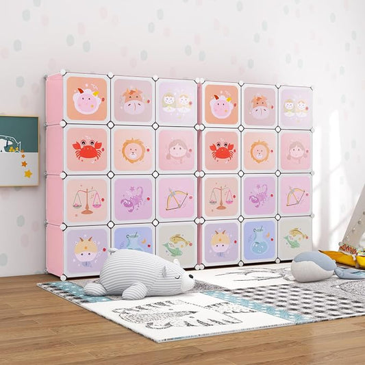 HONEY JOY Kids Wardrobe Closet, Baby Cartoon Clothes Storage Organizer, 12 Cubes & 2 Hanging Sections, Portable Children DIY Modular Bedroom Armoire Dresser Cabinet for Boys Girls (Light Pink)
