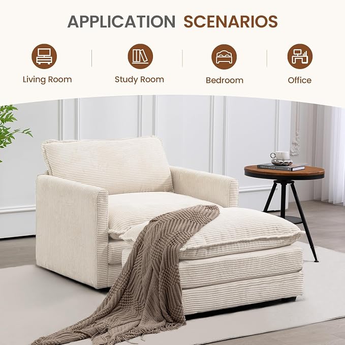 ROWHY Single Armchair with Ottoman, Modern Corduroy Cloud Couch with Convertible Chaise, Upholstered Sofa Set for Living Room, Beige