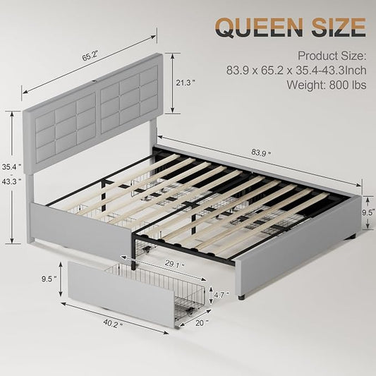 VECELO Queen Size Bed Frame with 4 Storage Drawers & Adjustable Headboard, Built-in Charging Station, Upholstered Bedframe with Wood Slats Support, Light Grey