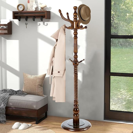 Coat Racks Freestanding, Natural Wood Coat Stands with 14 Hooks, 73" Heavy Duty Adjustable Height Vintage Hall Tree for Entryway, Bedroom, Office, Easy Assembly (Antique color)