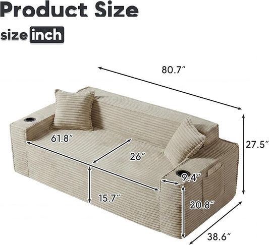 Boneless Sectional Sofa Couch with Cup Holders & Side Pockets, Modern Corduroy Fabric Deep Seat 3-seat Cloud Couch for Living Room Office, No Assembly (Camel)