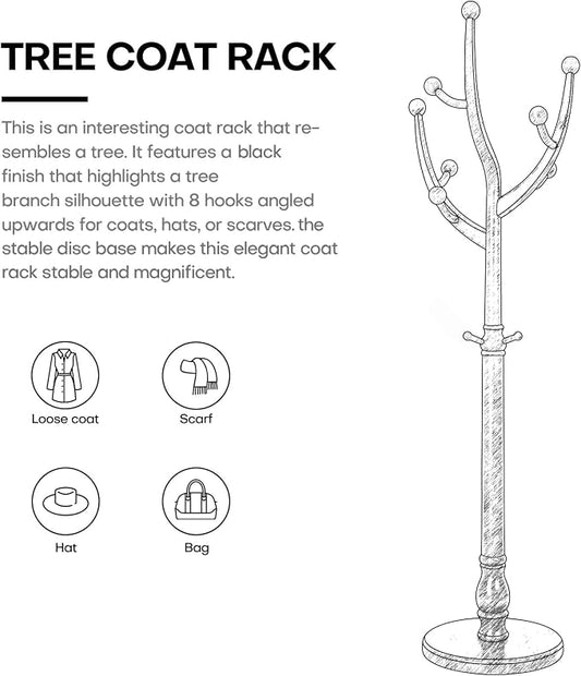 Bekrvio Tree Coat Rack Freestanding with Sturdy Round Base, Black | Unique Coat Hanger Stand, Heavy Duty Standing Coat Rack, For Jacket, Hat, Bags For Entryway / Hallway / Bedroom