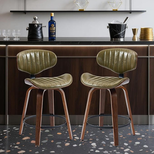 Modern Bar Stools, 24 inch PU Leather Wooden Bentwood Swivel Barstools Counter Height Breakfast Bar Chairs with Backrest and Footrest for Kitchen Island, Dining Room, Bar D035-Olive Green-1
