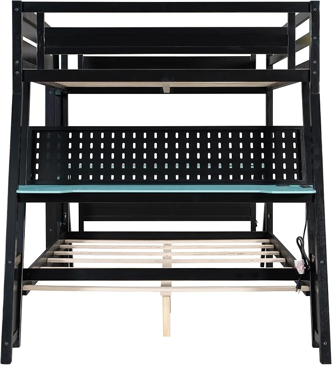 Merax Wooden Full Over Full Bunk Bed with 2 Side Desks, USB Desktop Ports and Pegboard Organizer, Gaming Bunk Bed for Gamer, Kids or Teens, No Box Spring Needed, Cloud Blue