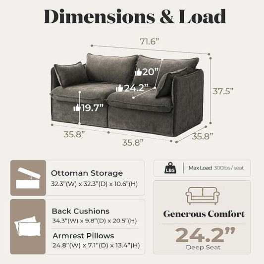 Cloud Loveseat Sofa, Oversized Deep Seat, Luxe Chenille | Fully Removable Washable Covers, Memory Foam Seat Cushions, Premium Fabric