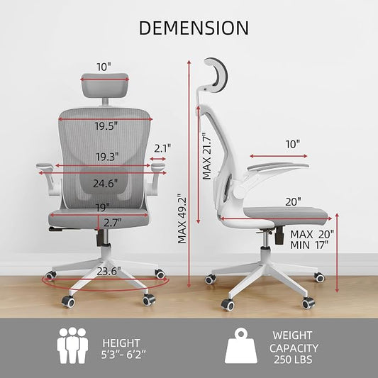 Monhey Office Chairs, Ergonomic Office Chair, Computer Chair with Adjustable Headrest, Lumbar Support, 2D Armrest, Metal Base and Iron Legs, White Frame Grey Mesh Office Chair