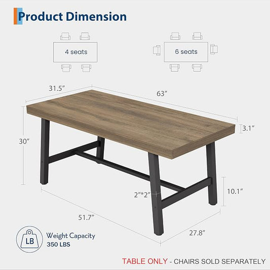 GarveeHome Industrial Dining Table for 4-6 People, 63" Long Kitchen Table with Sturdy Metal Frame, Rectangular Counter for Dinner, Kitchen, Dining Room (Rustic Pear, 63" Non-extendable)