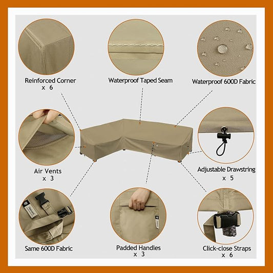 Heavy Duty Outdoor Sectional Sofa Cover, 90"X120" Waterproof 600D Patio Sectional Couch Cover, Lawn Patio Furniture Cover (Desert Khaki, L-Shaped-Left Facing-90 x120)