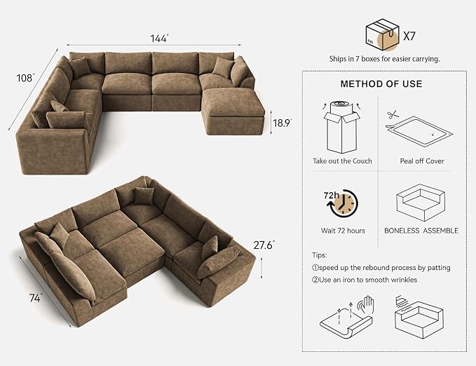 Cloud Sectional Couches for Living Room | 7 Seater U-Shaped Boneless Couch with Ottoman | Brown Modular Sectionals Sofa Couch