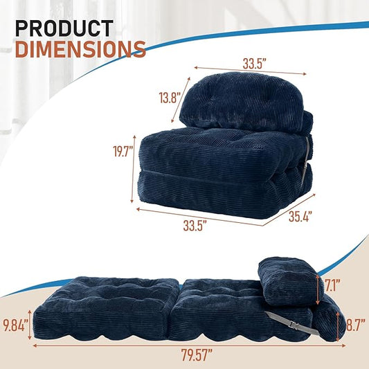 Folding Sofa Bed, Convertible Sleeper Chair with Back Support and Pillow Futon,Boneless Foldable Couch for Living Room/Guest Use/Home Office, Foldable Chair Bed for Adults, Navy Blue