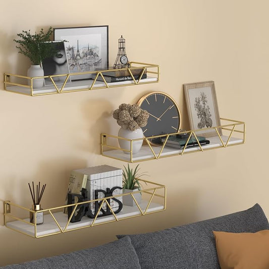 Amaoot Floating Shelves Set of 3, Home Wood Wall Shelf, Farmhouse Shelf for Bedroom, Wall Mounted Floating Shelf for Living Room, Bedroom, Bathroom, Kitchen, Office (Gold)