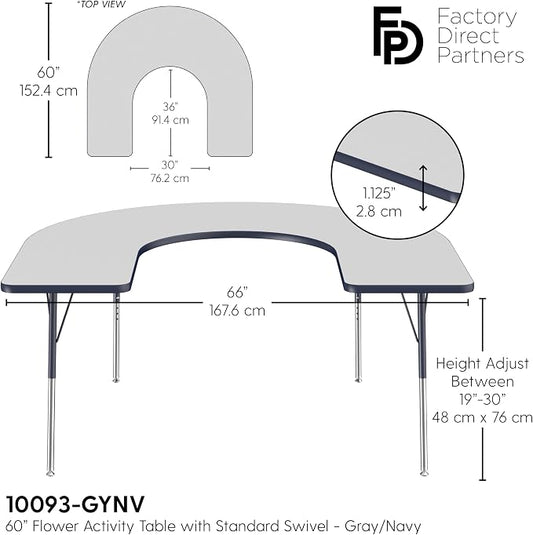 FDP Horseshoe Activity School and Office Table (60 x 66 inch), Standard Legs with Swivel Glides for Collaborative Seating Environments, Adjustable Height 19-30 inches - Gray Top and Navy Edge