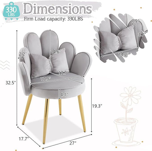 VINGLI Petal Makeup Vanity Chair with Back,Flower Cute Girls Desk Chair Comfy No Wheels,Modern Dining Chair,Small Accent Chair with Adustable Gold Legs&Bow Pillow for Home Office,Bedroom,Velvet,Grey
