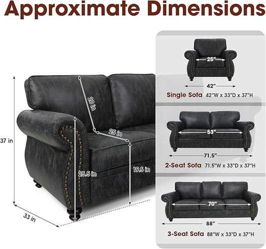 Couchus Living Room Furniture Sets,Mid-Century Vintage Sofa Couches with Rivet Design (Grey, Single+Loveseat)