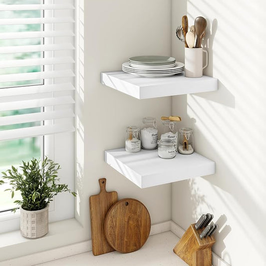 Vivelove 24/36/48/12 Inch Floating Shelves for Wall, 12 Deep Shelves for Room Wall Mounted, 2" Thick Floating Shelf for Living Room Bedroom Bathroom Kitchen Laundry Room, Set of 2 White
