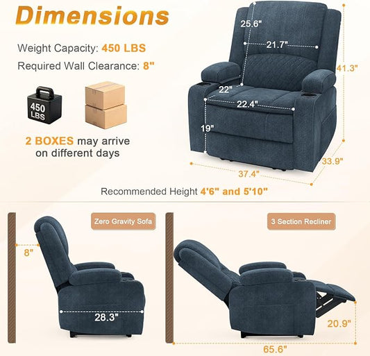 Oversized Manual Recliner Chair, 3 Angle Recliner Home Theater Seating, RV Recliner Single Sofa with Hidden Arm Storage, Cup Holder & Side Pocket (Single, Blue)