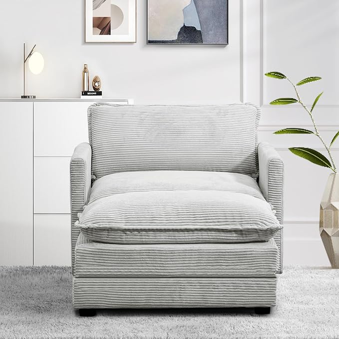 ROWHY Single Armchair with Ottoman, Modern Corduroy Cloud Couch with Convertible Chaise, Upholstered Sofa Set for Living Room, Light Grey