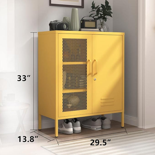 Yellow Lockable Metal Storage Cabinet, Multi-Functional Locker with Adjustable Shelf,Metal Double Door Sideboard for Kitchen Home Office Size:33" H X 29.5" W X 13.8" D