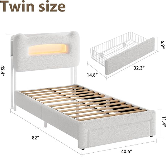 GarveeHome Led Twin Bed Frame for Kids with Drawer, Upholstered Sturdy Platform Bed with Storage Headboard and Charging Station, Noise Free, Easy Assemble, for Girls/Boys, Beige