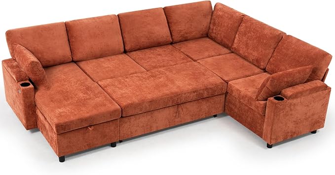 110" Chenille Sectional Sofa w/Pull Out Bed &Storage Chaise, Orange | Reversible U Shape Sofa w/Storage Armrests & Cup Holders, Corner Couch w/USB Charging Port & Throw Pillows for Living Room