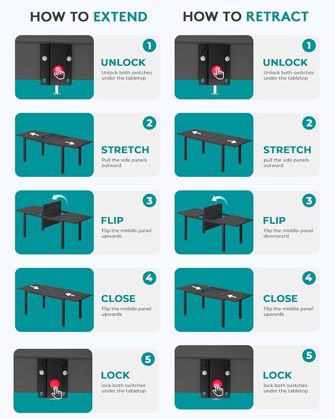 SERWALL HDPE and Aluminum Outdoor Dining Set for 8, Black | 60" - 83" Expandable Outdoor Dining Table and 8 HDPE Chairs, All Weather Outdoor Furniture Set