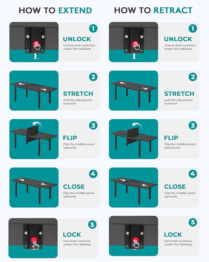 SERWALL 60" - 83" Expandable Outdoor Dining Table and 6 HDPE Chairs, Black | Outdoor Dining Set for 6, All Weather Aluminum and HDPE Outdoor Furniture Set, Extendable Patio Dining Table