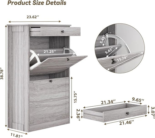 FTZxHKLX Shoe Storage Cabinet with 2 Flip Drawers, Narrow Freestanding Hidden Shoe Rack Cabinet, Pet-Proof Shoe Organizer for Closet, Entryway, Hallway, Wash Grey