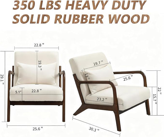Mid Century Modern Accent Chair - Solid Rubberwood Frame Reading Armchair with Lumbar Pillow - Comfy Linen Lounge Chair for Living Room Bedroom Small Space - Heavy Duty 350lbs