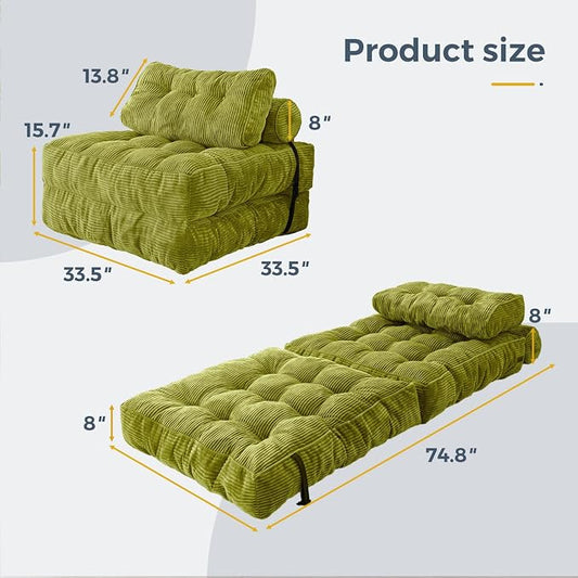 MAXYOYO Folding Sofa Bed, Convertible Chair with Pillow Foldable Couch with Back Support, Portable Fold Out Chair Bed Comfy Floor Sofa Lounge for Living Room Bedroom, Beige, Green