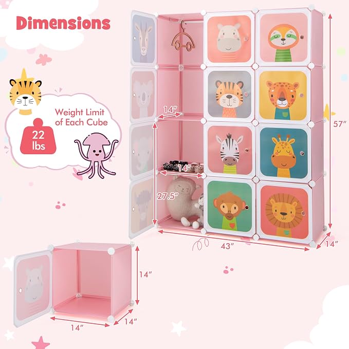 HONEY JOY Kids Wardrobe Closet, Baby Cartoon Clothes Storage Organizer, 12 Cubes & 2 Hanging Sections, Portable Children DIY Modular Bedroom Armoire Dresser Cabinet for Boys Girls (Pink)