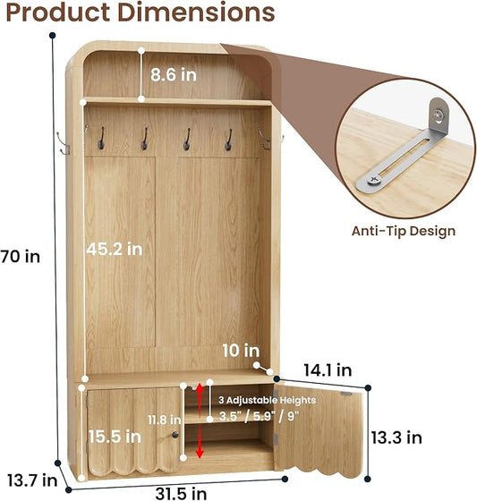 Narrow Hall Tree with Bench and Shoe Storage, Arched Entryway Coat Rack with Adjustable Shoe Cabinet,8 Hooks, Modern Rustic Mudroom Storage Organizer with Scalloped Wave Fluted Doors (Nature Oak)