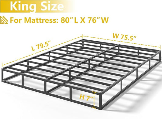 Qingzhou Box Spring King Bed Bases, 7 Inch High Metal King Size Box Spring Only, Heavy Duty Mattress Foundation with Fabric Cover, Easy Assembly, Quiet Noise Free, Non Slip, Black