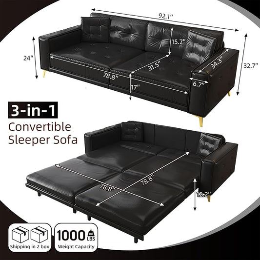 92.1'' King Pull out Sofa Bed, Convertible Futon Couch, 3-in-1 Faux Leather Sleeper Sofa with Tufted Back, 2 Pillows, Gold Legs, Deep Folding Loveseat Couches for Living Room, Apartment, Black
