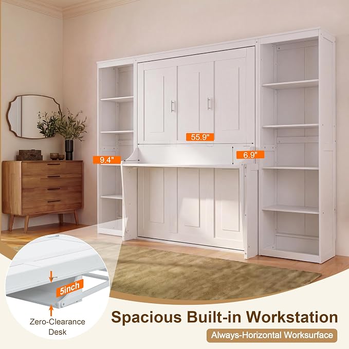 Olela Murphy Bed Full Size with Desk & Storage, Vertical Murphy Wall Bed Cabinet Desk & Bookcase Storage Combo, Space Saving Hideaway Beds for Home Office Guest Room, White