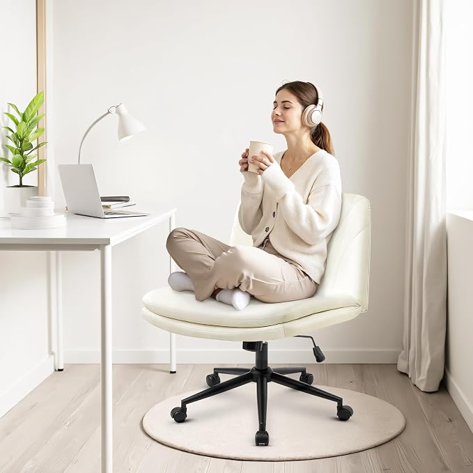 Orange Factory Criss Cross Chair with Wheels Comfy Wide Vanity Desk Chair Dual Base Leather Armless Adjustable Swivel for Home Computer Task (Beige Pu, Faux Leather)