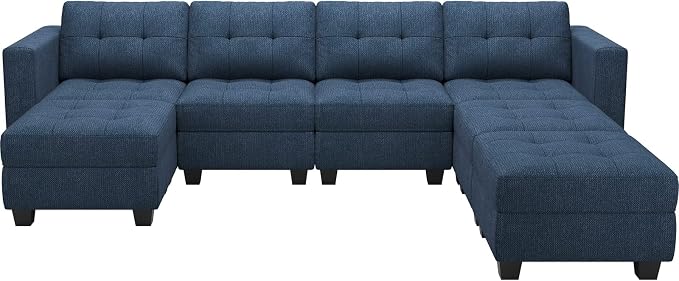 Belffin Modular Storage U-Shape Sectional Sofa Couch with Reversible Chaises 7-seat Sofa with Storage Seat Modular Sectional Sofa Set with Ottomans Modern Fabric Blue