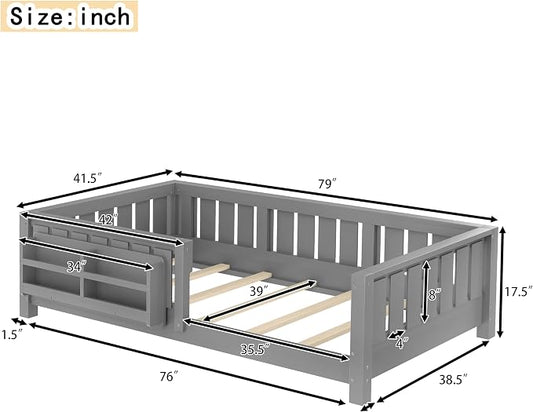 Bellemave Twin Size Floor Bed with high Rails and with Built-in Bookshelf for Kids, Girls, Boys, Wood Montessori Floor Bed Without Door, Gray