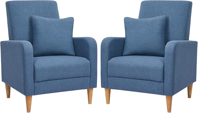 COLAMY Mid-Century Modern Upholstered Accent Chair with Back Pillow & Solid Wood Legs, Fabric Cozy Armchair for Living Room, Bedroom, Reading Nook, Apartment & Small Spaces, Blue