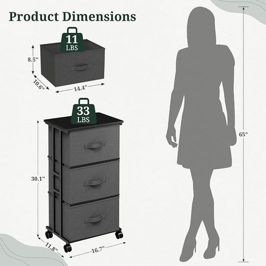 3 Drawers Dresser with Wheels, Storage Organizer with Removable Fabric Bins and Steel Frame, Small Nightstand Dresser for Bedroom, Office, Entryway, Ash Gray