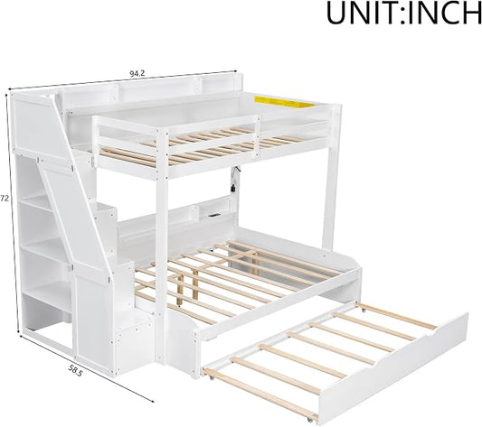 Twin Over Full Bunk Bed with Storage Staircase and Trundle,Storage Shelves, LED and USB,for Kids Teens Adults Bedroom Use (White-USB, Twin Over Full)