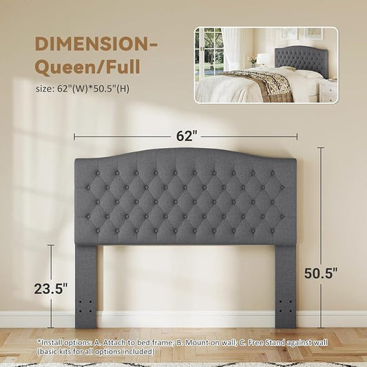 Queen Headboard Only, Upholstered Headboard for Adjustable Bed Linen Tufted Queen/Full Size Wall Mounted Head Board with Solid Wood Legs Head Board, Dark Gray