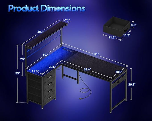 MOTPK 51” Large L Shaped Gaming Desk, Corner Computer Table with Shelf & Hutch, 4 Drawers, Reversible Study Desk with LED Light, Power Outlets & USB Ports, Home Office Table, Black
