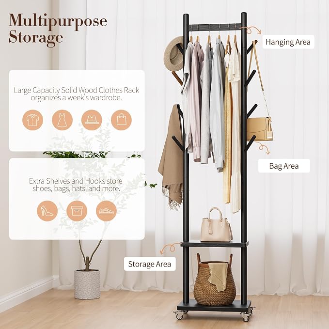 Yoobure Solid Wood Coat Rack Freestanding - Rolling Clothes Rack with 8 Hooks & Shelves, Small Clothing Rack with Wheels, Heavy Duty Clothing Racks for Hanging Clothes, Portable Hall Tree for Entryway