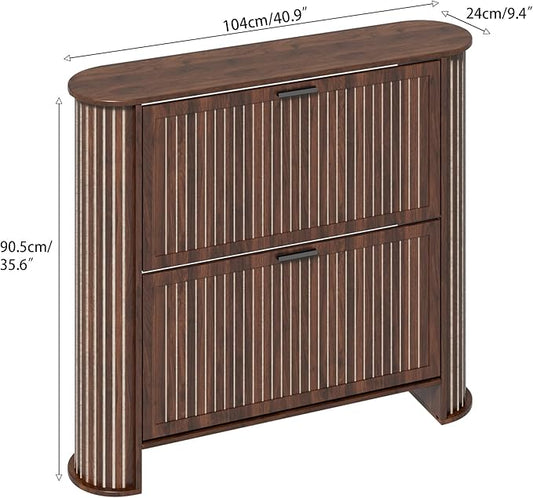 Narrow Shoe Storage Cabinet for Entryway, Slim Fluted Shoe Cabinet with 2 Flip Drawers, Wood Hidden Shoe Rack Organizer for Entry Way, Entrance, Foyer, Hallway, Walnut, Wooden, Thin